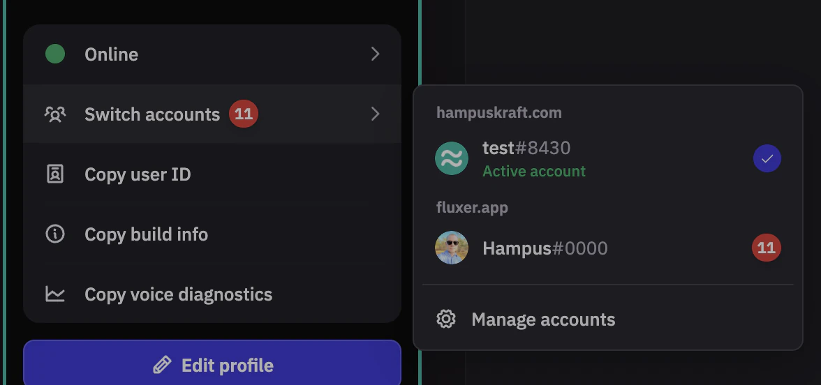 The account switcher showing an account on a self-hosted instance and one on Fluxer.app with unread mentions